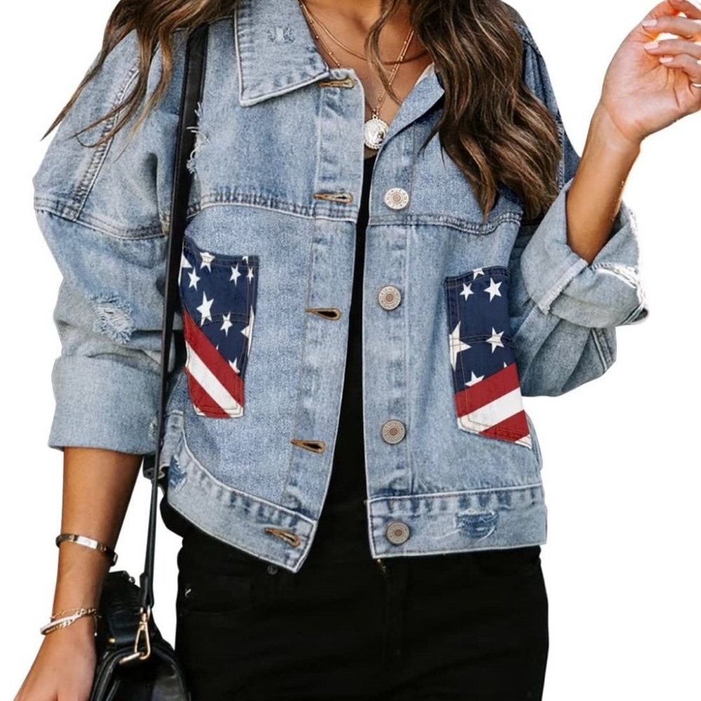 Blue and Red Jean Jacket with Patriotic Style